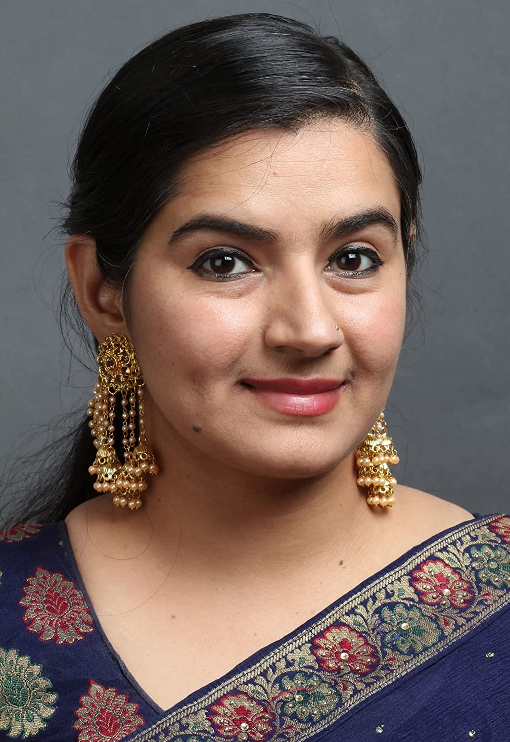 Bindhani Fashion Bollywood Jewellery Traditional Ethnic Bridal Bride Wedding Bridesmaid Gold Plated Kundan Pearl Drop Jhumka Jhumki Head chain Indian Bahubali Earrings Jewelry For Women - Image 3